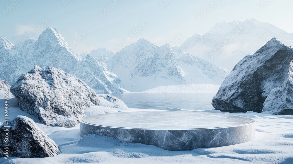 Fototapeta premium Large round pool surrounded by snow covered rocks in winter landscape