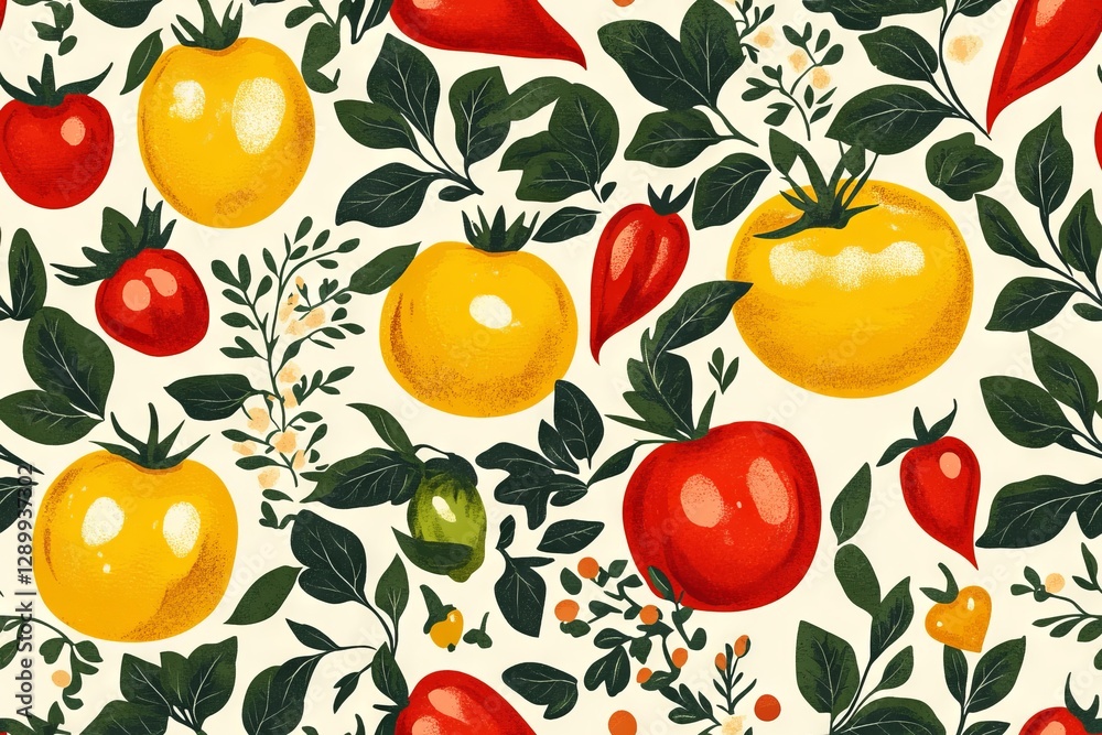 Vibrant tomato and pepper pattern with leafy greens on a cream background. Vibrant tomato and pepper pattern with leafy greens on a cream background.