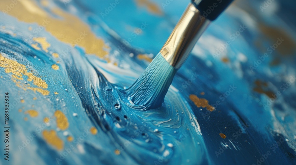 Fototapeta premium Abstract Blue and Gold Painting: A Close-Up of a Brush Applying Paint