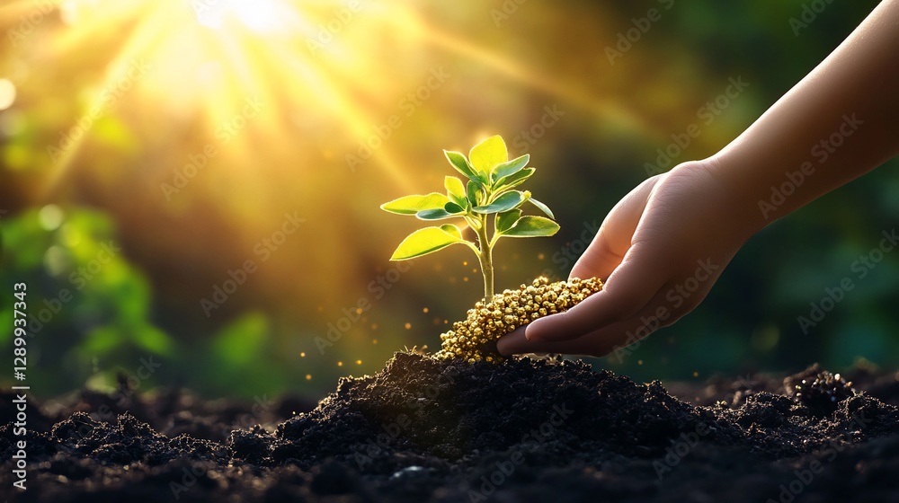 Fototapeta premium Nurturing New Life Golden Fertilizers Aid Growth in The Sun's Warm Embrace