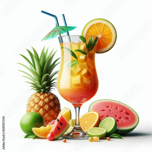 A beautiful glass of tropical cocktail isolated on white background.