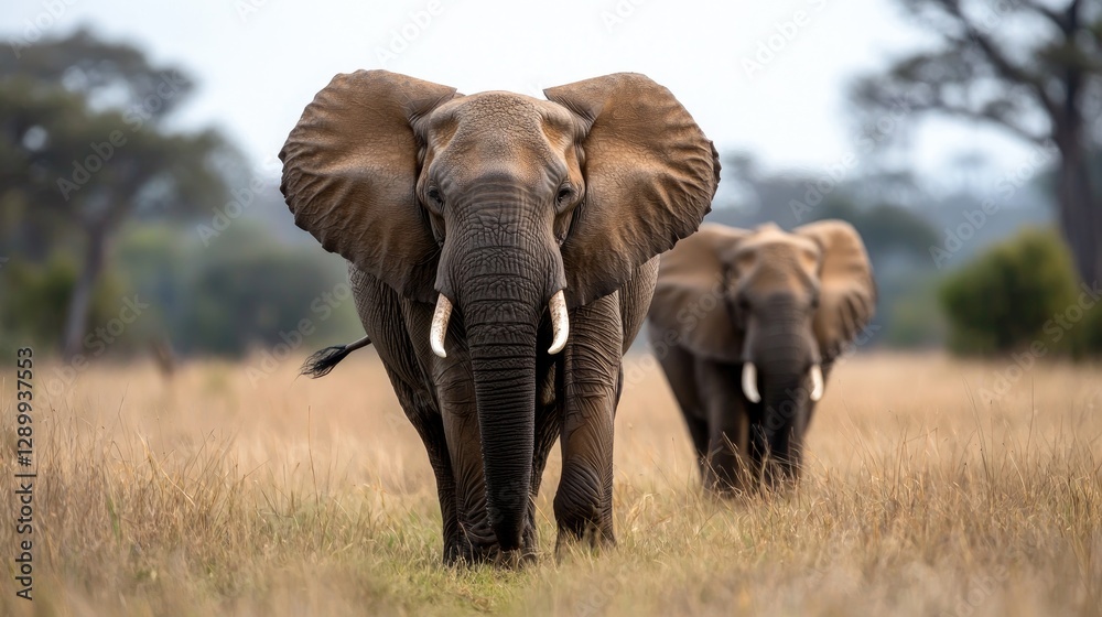 Fototapeta premium African Elephants Walking in Savanna. Possible Use Stock photo for nature documentaries, wildlife magazines, or educational materials