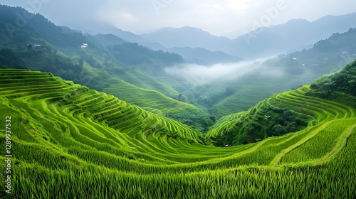 Lush green terraced rice fields surrounded by misty mountains create a serene landscape.