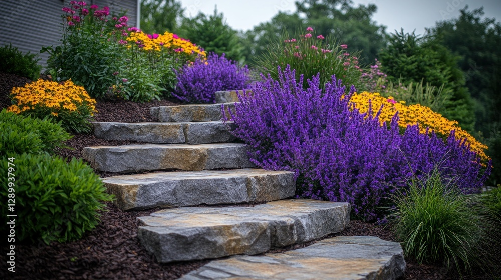 Fototapeta premium Landscaped stone steps with vibrant flower garden
