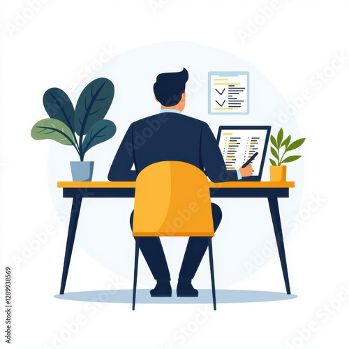 investor opportunity stocks successful concept. A man sits at a desk, reviewing documents with plants nearby, embodying a modern workspace atmosphere.