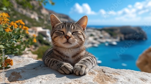 Peaceful tabby cat resting on cliff overlooking Aegean sea