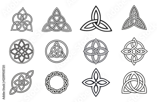 Set of Celtic outline knots ornament, Medieval viking tattoo shape vector, infinite weaving pattern, Collection of various form, stickers assets, abstract geometric graphic elements for design