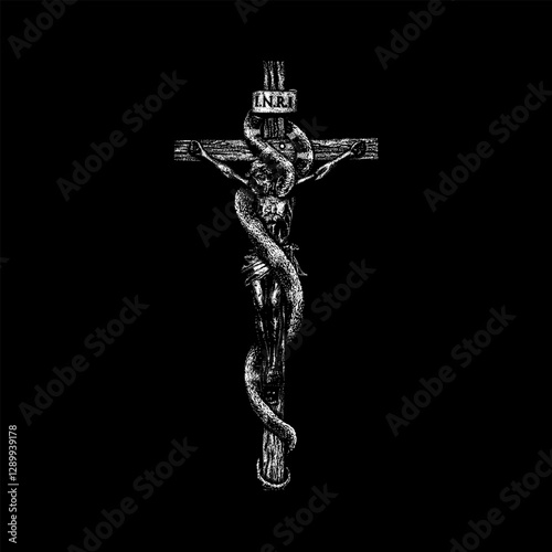 serpent cross hand drawing vector isolated on black background.