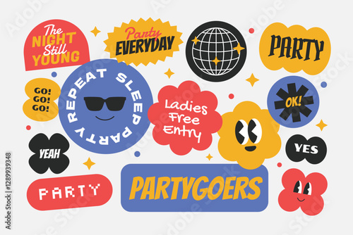 Party cartoon groovy stickers element collection y2k style. Funny retro character celebration.