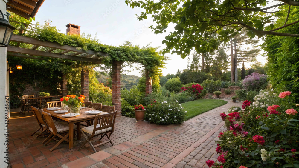 Obraz premium A picturesque backyard garden with a brick pathway, wooden table and chairs, and an abundance of colorful flowers and plants, creating a tranquil outdoor retreat