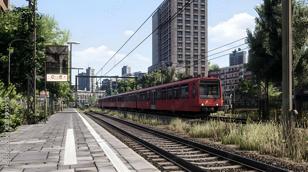 Naklejka premium Red Commuter Train at Urban Rail Station Platform on Sunny Day