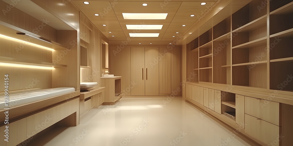 Obraz premium Modern Minimalist Wooden Interior Design: Luxurious and Spacious Room with Built-in Shelving and Cabinets