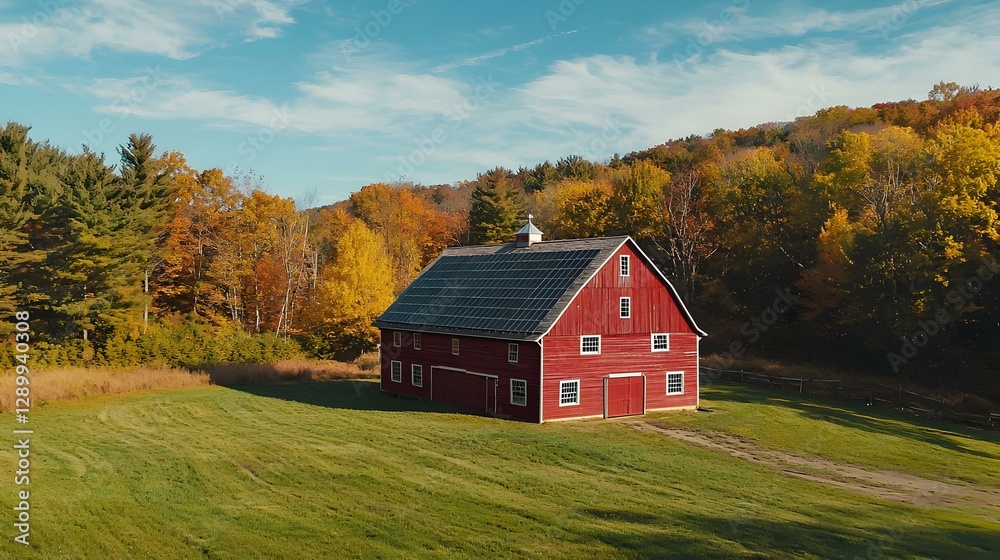 Fototapeta premium Solar panels on the roof of a red wooden barn