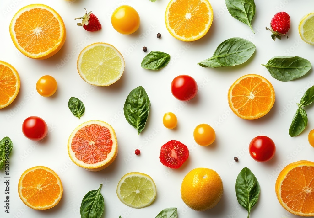 Colorful array of fresh fruits and vegetables on a white background showcasing lime, orange, basil, tomato, and strawberry in a vibrant layout Colorful array of fresh fruits and vegetables on a white background showcasing lime, orange, basil, tomato, and strawberry in a vibrant layout