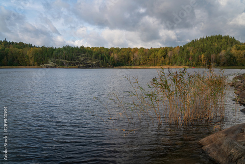 View from the shore of Lake Ladoga near the village of Lumivaara on a sunny autumn day, Ladoga skerries, Lahdenpohya, Republic of Karelia, Russia photo