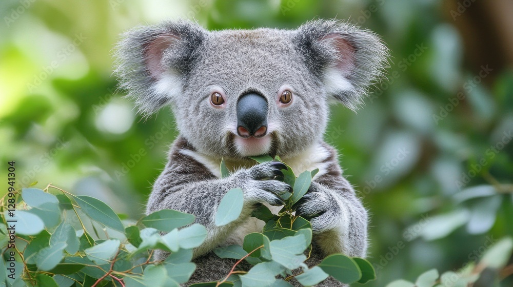 Obraz premium Curious Koala Eating Eucalyptus Leaves in Forest
