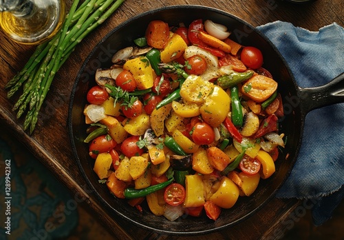Colorful Assorted Vegetables in a Cast Iron Skillet on a Rustic Wooden Table with Fresh Asparagus and Textile Napkin
