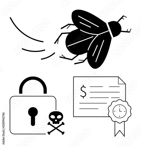 Fly buzzing, padlock, document with currency symbol and clock, skull with crossbones. Ideal for security, threats, legal contracts, time management financial risks danger urgency. Abstract line