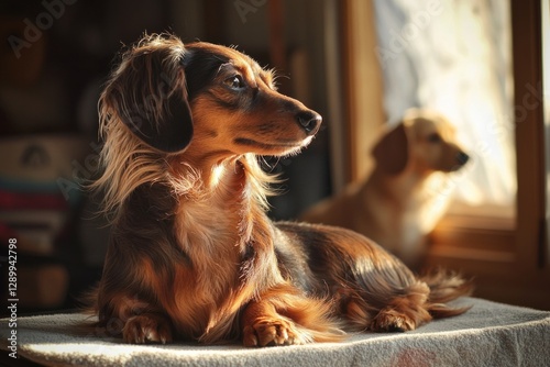A dachshund sits on a grooming table, its fur being carefully brushed, Its ears perk up as it hears another dog nearby, Generative AI
