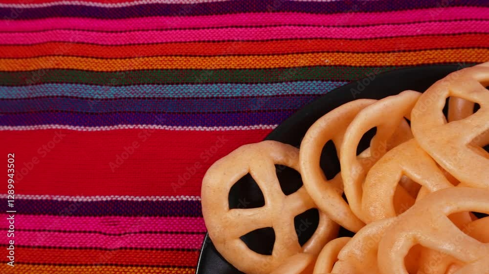 Acercamiento a chicharrines, con salsa  sobre mantel mexicano. Botana para fiestas