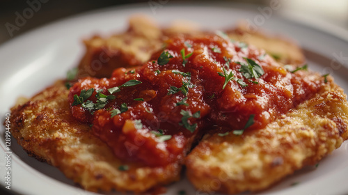 Fried mozzarella with tomato sauce on white plate, generative AI