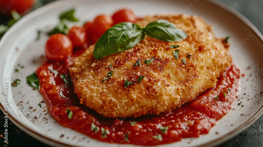 Fried mozzarella with tomato sauce on white plate, generative AI Fried mozzarella with tomato sauce on white plate, generative AI