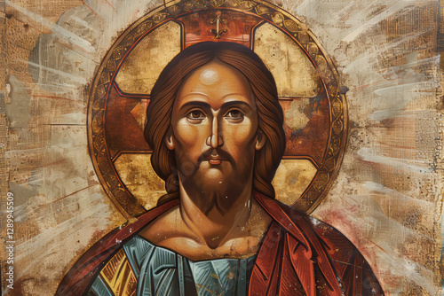 A detailed Byzantine-style icon of Jesus Christ, featuring a golden halo, intricate patterns, and a rich aged background, symbolizing spirituality and divine presence.