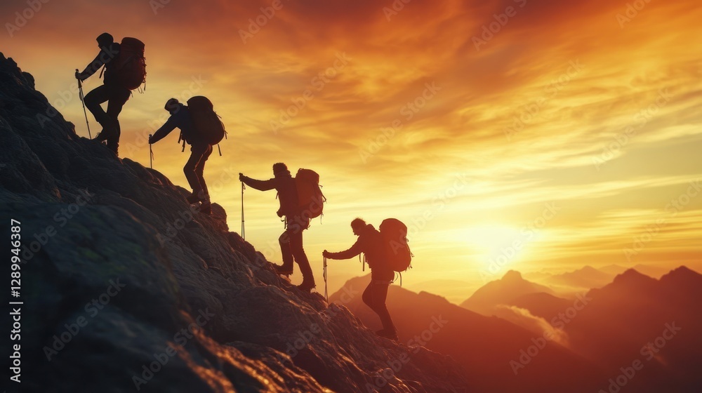 Fototapeta premium Hikers ascend mountain at sunset, adventure