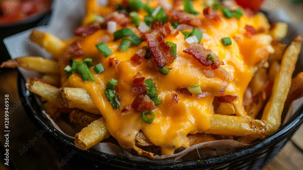 Close up of loaded fries with cheese, bacon, and green onions in a black basket on a wooden table, generative AI Close up of loaded fries with cheese, bacon, and green onions in a black basket on a wooden table, generative AI