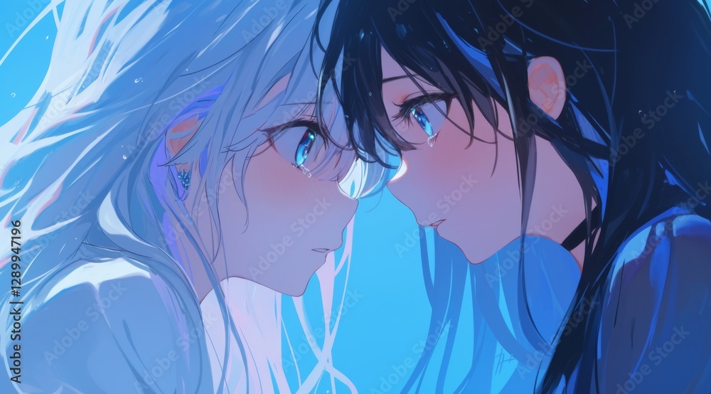 Emotional close-up of two anime girls facing each other, one with long white hair and the other with black hair, set against a simple blue background Emotional close-up of two anime girls facing each other, one with long white hair and the other with black hair, set against a simple blue background