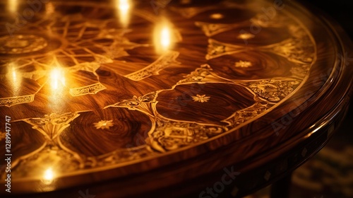 Exquisite Antique Round Table Top with Intricate Wood Inlay and Golden Accents