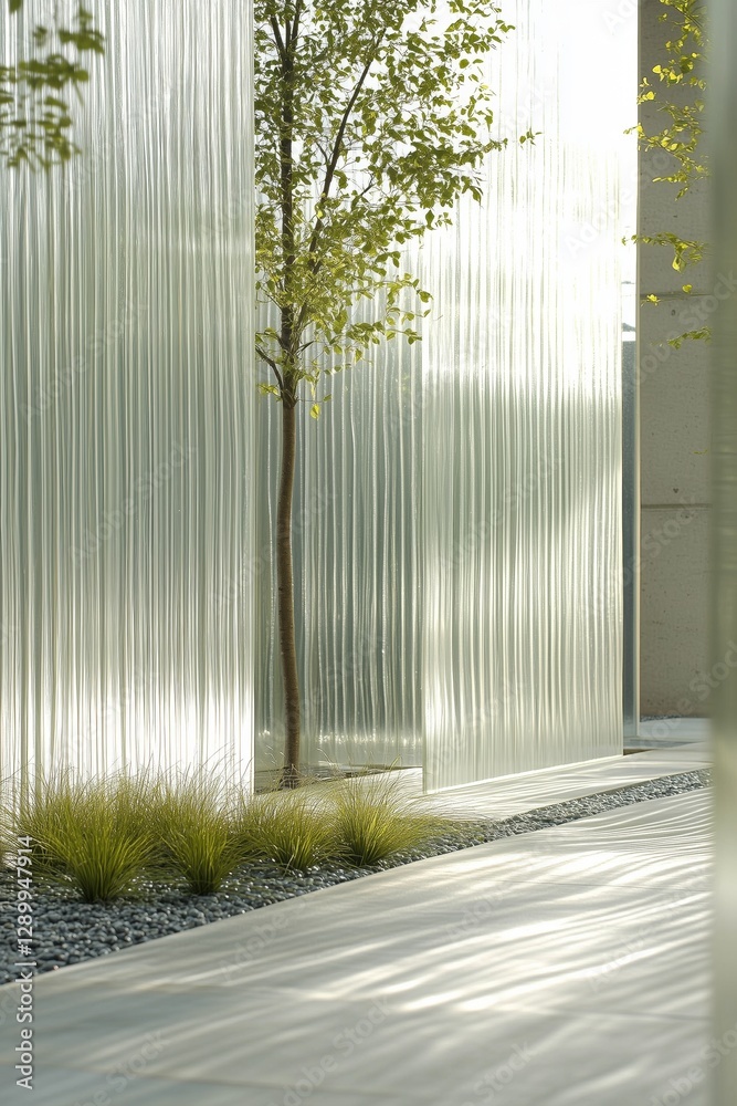 Fototapeta premium Serene Architecture: A tree is framed by vertically arranged translucent walls, casting soft shadows. The scene embodies modern design and an appreciation for simplicity and light.
