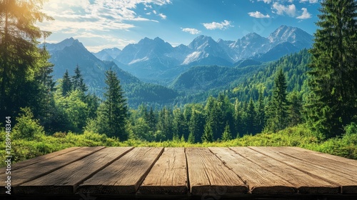 Wooden table with a scenic view of a mountain range under a clear blue sky