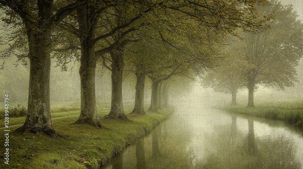 Fototapeta premium A canvas of muted greens, where the brushstrokes of water paint an impression of depth and tranquility, reminiscent of a misty forest or the tranquil depths of a lake.