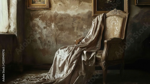 Ornate Antique Chair Draped with Luxurious Fabric in a Decaying Baroque Room, Moody Interior.