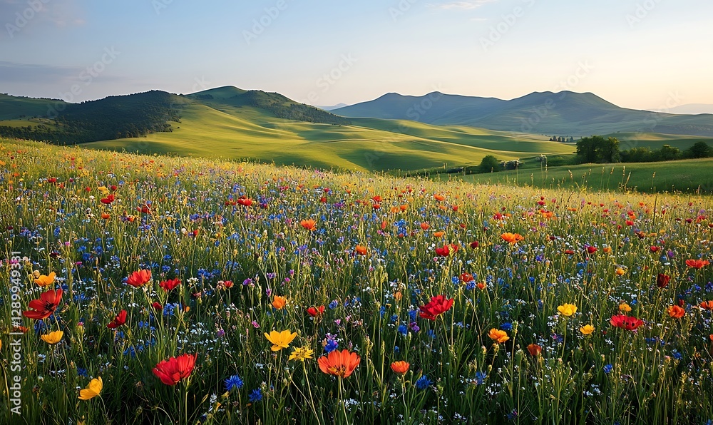 Obraz premium Vibrant wildflower field with rolling hills under a clear sky at sunrise.