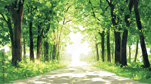 The image depicts a digital painting or illustration of a path or road winding through a dense forest. The trees are lush green, with sunlight streaming through the canopy, creating a