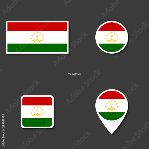 Tajikistan flag icon set in different shape (rectangle, circle, square and marker icon) on dark grey background. Tajikistan sticker icon collection on barely dark background	