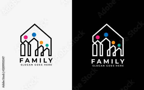 Abstract minimalist house and family combination logo design. Vector symbol logo icon illustration.