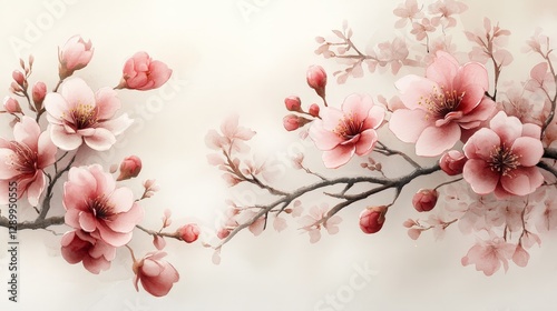 A delicate arrangement of pink cherry blossoms on branches against a soft background.