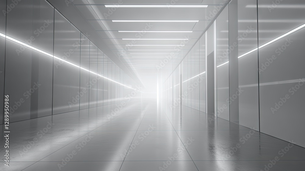 Obraz premium Bright futuristic corridor, hallway, interior, architecture, design, technology, modern, clean, white