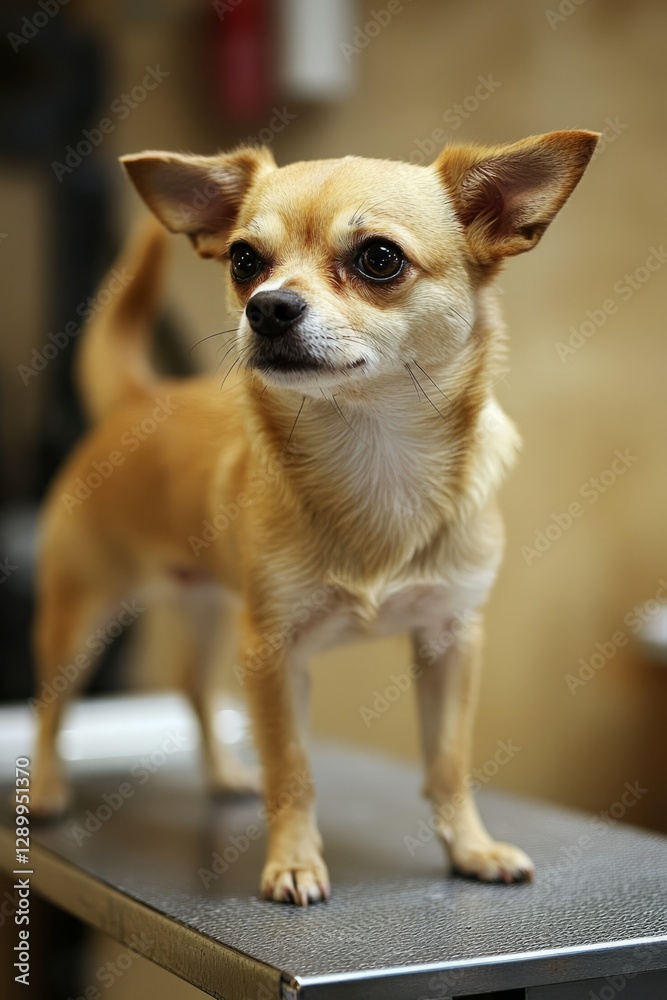 A small dog stands on a grooming table while a groomer trims its nails, The pup watches curiously as the clippers move, Generative AI A small dog stands on a grooming table while a groomer trims its nails, The pup watches curiously as the clippers move, Generative AI