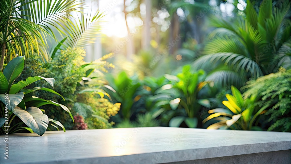 Fototapeta premium Minimalist Product Photography of Matte White Stone Table Surrounded by Tropical Plants in Bright Lighting