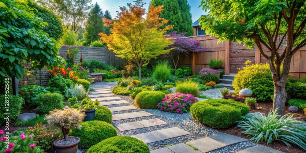 Obraz premium Minimalist Urban Backyard Garden: Tumbled Pavers, Flagstone, Lush Greenery