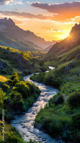 Wallpaper Mural Serene Golden Hour Landscape with Winding River and Majestic Mountains Torontodigital.ca