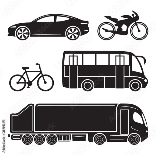 Different type Simple Modern Vehicles (Car, Bicycle, etc.) Silhouette Vector on a White Background