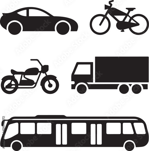 Simple Modern Vehicles (Car, Bicycle, etc.) Different Silhouette Vector on a White Background