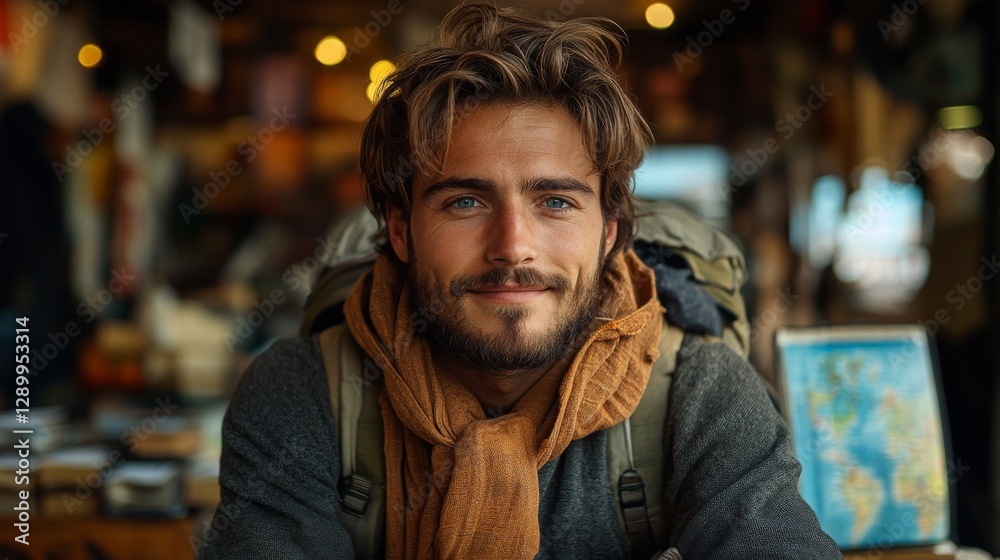 Adventurous traveler with a warm smile in a cozy marketplace Adventurous traveler with a warm smile in a cozy marketplace