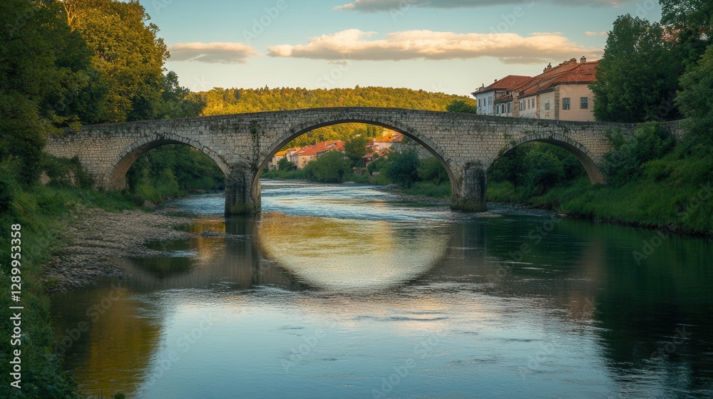 Naklejka premium Old Stone Bridge Reflecting in River at Sunset, Slovenia