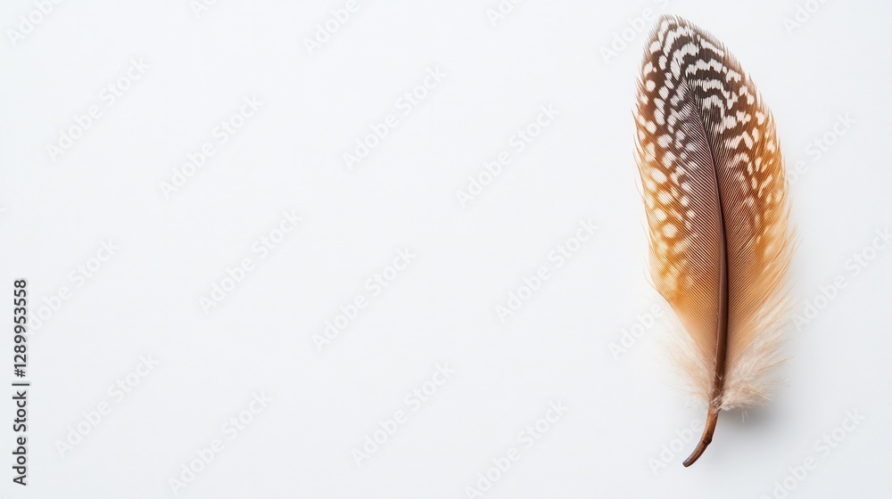 Fototapeta premium Delicate Brown and White Spotted Bird Feather Isolated on White Background with Copy Space